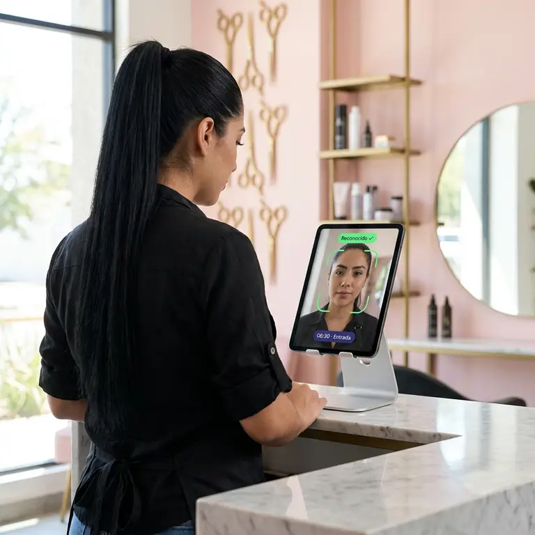 Checador con detección facial reconociendo a una estilista, Entrada 08:30